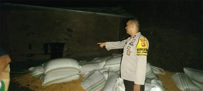 Kondisi truk sarat muatan jagung yang mengalami lakalantas tunggal akibat patah as roda di So Amu Kecamatan Soromandi Kabupaten Bima.