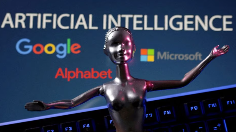 Logo Google, Microsoft dan Alphabet serta kata AI Artificial Intelligence terlihat pada ilustrasi yang diambil, 4 Mei 2023. REUTERS/Dado Ruvic/Illustration/