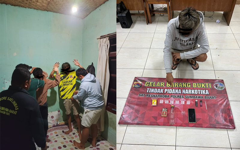 Terduga pemilik Narkoba sabu-sabu saat digeledah Tim Opsnal Satuan Reserse Narkoba Polres Sumbawa Barat dan sejumlah barang bukti yang diamankan, Minggu (9/7/2023).