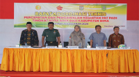 Suasana rapat koordinasi teknis percepatan dan pengawalan kegiatan PAT (Perluasan Areal Tanam) padi tingkat Kota Bima dan Kabupaten Bima di aula Kodim 1680/ Bima, Kamis (30/5/2024).