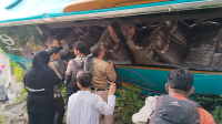 Kondisi bus Surya Kencana setelah mengalami kecelakaan di Jl Lintas Labuan Lombok di Kecamatan Pringgarata, Lombok Timur, Minggu (19/5/2024).