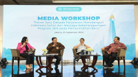 Direktur Utama BPJS Kesehatan, Ghufron Mukti didampingi sejumlah narasumber memaparkan satu dekade perjalanan BPJS Kesehatan Membangun Indonesia Sehat saat kegiatan Media Workshop bertajuk “Potret Satu Dekade Perjalanan Membangun Indonesia Sehat dan Menjaga Keberlangsungan Program JKN pada Pemerintahan Baru” pada Rabu (25/9/2024).