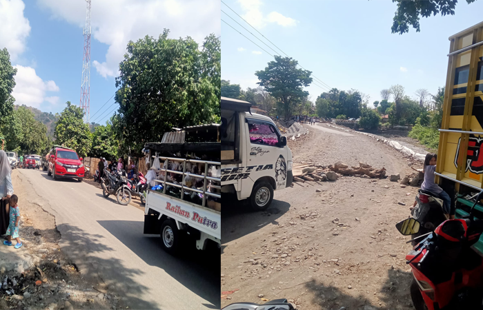 Arus lalu lintas di ruas jalan penghubung antara Kecamatan Wera dan Kecamatan Ambalawi yang terganggu akibat blokade jalan massa di Desa Nanga Wera Kecamatan Wera Kabupaten Bima, Kamis (25/9/2025). Mereka mendesak pemerintah segera membangun rumah untuk korban banjir.