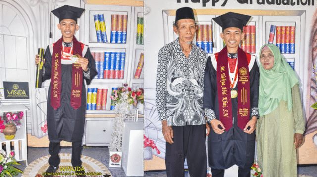 M Yahya bersama kedua orang tuanya, saat hari bahagia usai dikukuhkan sebagai wisudawan terbaik Universitas Muhammadiyah, akhir Agustus 2025 lalu.
