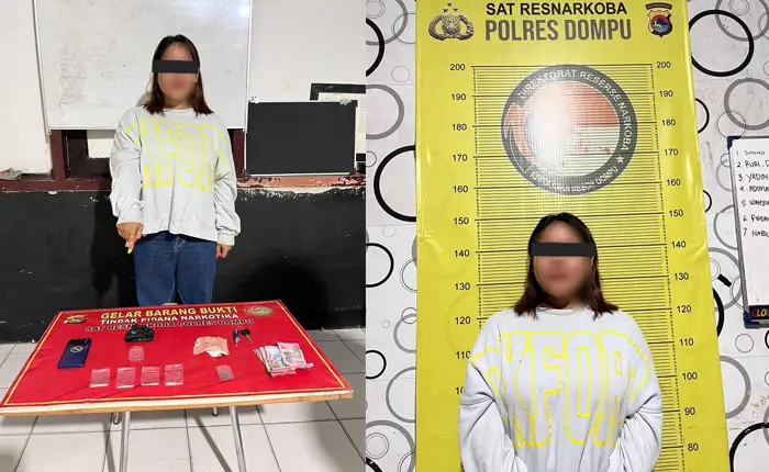Ibu rumah tangga terduga pengedar Narkoba yang diringkus aparat Kepolisian di Dompu dan barang bukti sabu-sabu dan ganja.