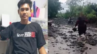 Tokoh pemuda Kecamatan Wera, Andi Supriyanto dan kondisi jalan rusak di Desa Nunggi Kecamatan Wera Kabupaten Bima. Kolase Berita11.com.