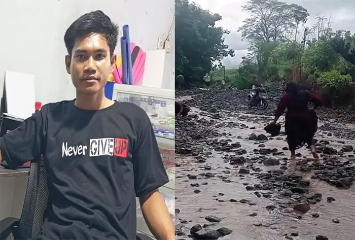 Tokoh pemuda Kecamatan Wera, Andi Supriyanto dan kondisi jalan rusak di Desa Nunggi Kecamatan Wera Kabupaten Bima. Kolase Berita11.com.