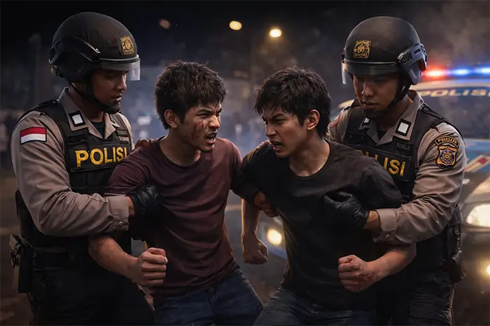 Ilustrasi dua kelompok remaja yang tawuran diamankan aparat kepolisian.