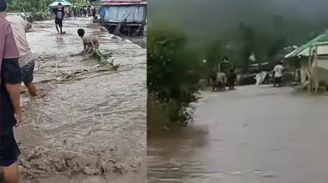 Kondisi pemukiman warga dan jalan raya di Desa Bala Kecamatan Wera Kabupaten Bima yang diterjang banjir, Kamis (19/3/2026) sore.