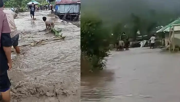 Kondisi pemukiman warga dan jalan raya di Desa Bala Kecamatan Wera Kabupaten Bima yang diterjang banjir, Kamis (19/3/2026) sore.