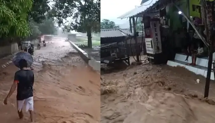 Kondisi luapan banjir yang melanda sejumlah wilayah di Kabupaten Bima, Minggu (15/3/2026).