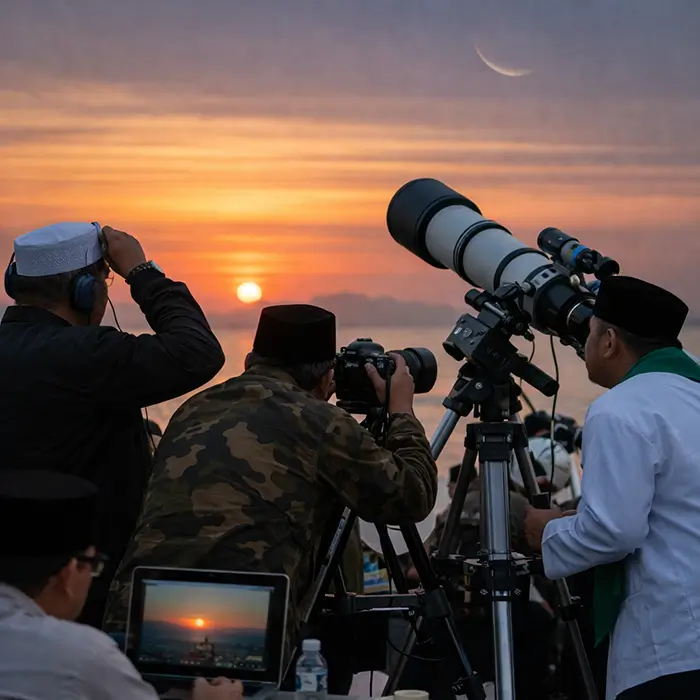 Ilustrasi petugas memantau hilal untuk menentukan awal bulan Syawal yang menjadi dasar penetapan Idul Fitri melalui sidang isbat pemerintah.