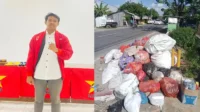 Ketua EK LMND Kabupaten Bima, Nu’man dan potret tumpukan sampah di jalan lintas nasional di Kecamatan Woha Kabupaten Bima. Kolase Berita11.com.