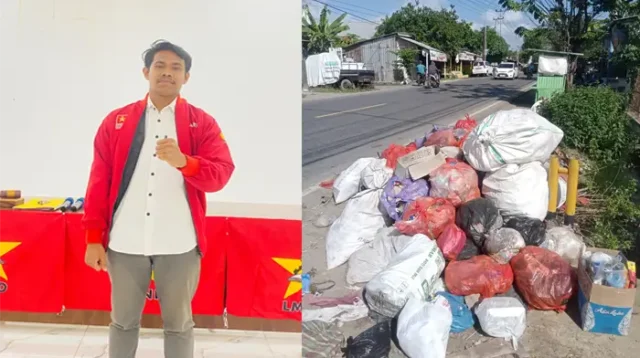 Ketua EK LMND Kabupaten Bima, Nu’man dan potret tumpukan sampah di jalan lintas nasional di Kecamatan Woha Kabupaten Bima. Kolase Berita11.com.