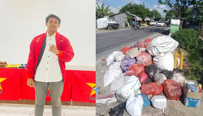 Ketua EK LMND Kabupaten Bima, Nu’man dan potret tumpukan sampah di jalan lintas nasional di Kecamatan Woha Kabupaten Bima. Kolase Berita11.com.