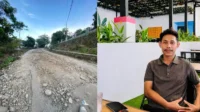 Kondisi jalan rusak di Kecamatan Soromandi dan Ketua Umum Himdos Bima, Indrayana. Kolase Berita11.com.
