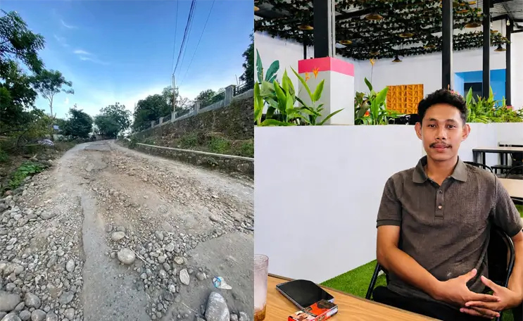 Kondisi jalan rusak di Kecamatan Soromandi dan Ketua Umum Himdos Bima, Indrayana. Kolase Berita11.com.