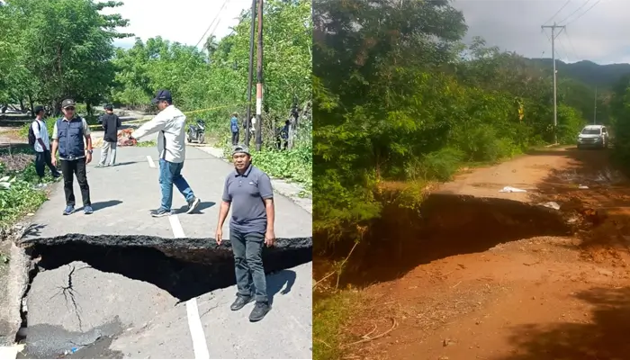 Kondisi jalan dan jembatan yang rusak akibat terjangan luapan banjir yang melanda Kecamatan Sape dan Kecamatan Lambu Kabupaten Bima, Rabu (20/5/2026) malam.