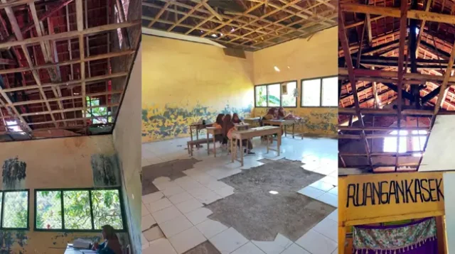 Kondisi atap ruangan SDN Inpres Kalemba Desa Kawuwu Kecamatan Langgudu yang telah lama rusak.