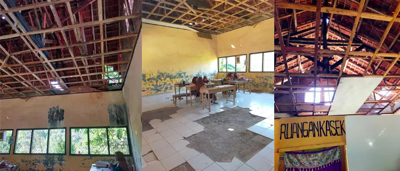 Kondisi atap ruangan SDN Inpres Kalemba Desa Kawuwu Kecamatan Langgudu yang telah lama rusak.