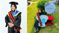 Novyanti Wahyuningrum dengan toga kebesaran saat akan mengikuti prosesi wisuda XXII di STKIP Taman Siswa Bima. Kolase Berita11.com.