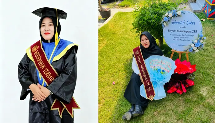 Novyanti Wahyuningrum dengan toga kebesaran saat akan mengikuti prosesi wisuda XXII di STKIP Taman Siswa Bima. Kolase Berita11.com.