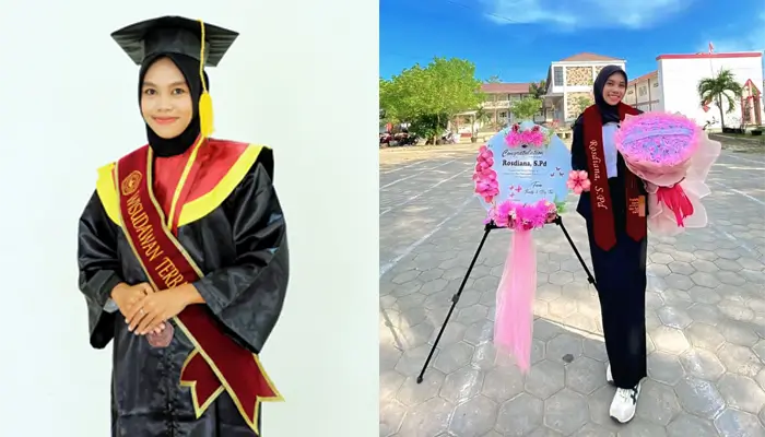 Wisudawati terbaik angkatan XXII STKIP Taman Siswa Bima, Rosdiana. Kolase Berita11.com.