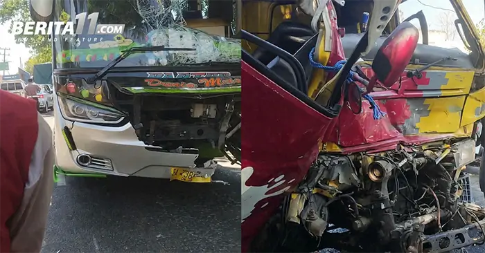 Kondisi dua kendaraan yang mengalami kerusakan setelah terlibat kecelakaan lalu lintas di Jl Lintas Bima Sumbawa di Desa Donggobolo Kecamatan Woha Kabupaten Bima, Senin (5/10/2026).