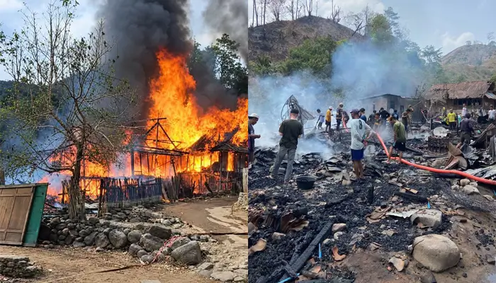 Kondisi sejumlah rumah panggung milik warga Dusun Wanca Desa Ntoke Kecamatan Wera Kabupaten Bima yang dilahap si jago merah Jumat pagi (23/10/2026).